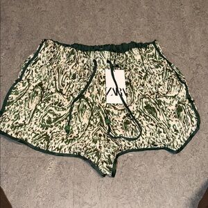 Zara Cream and Green Printed Athletic Drawstring Shorts